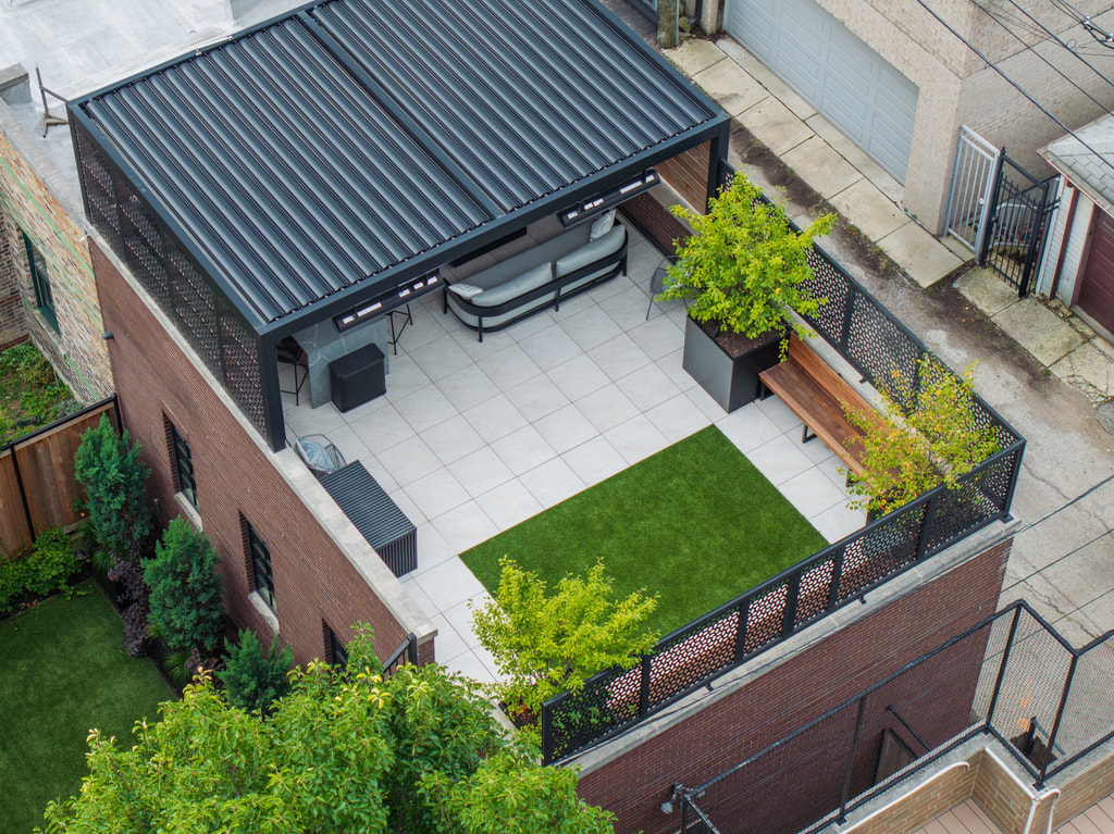 A relaxing rooftop retreat framed by vinyl lattice screens